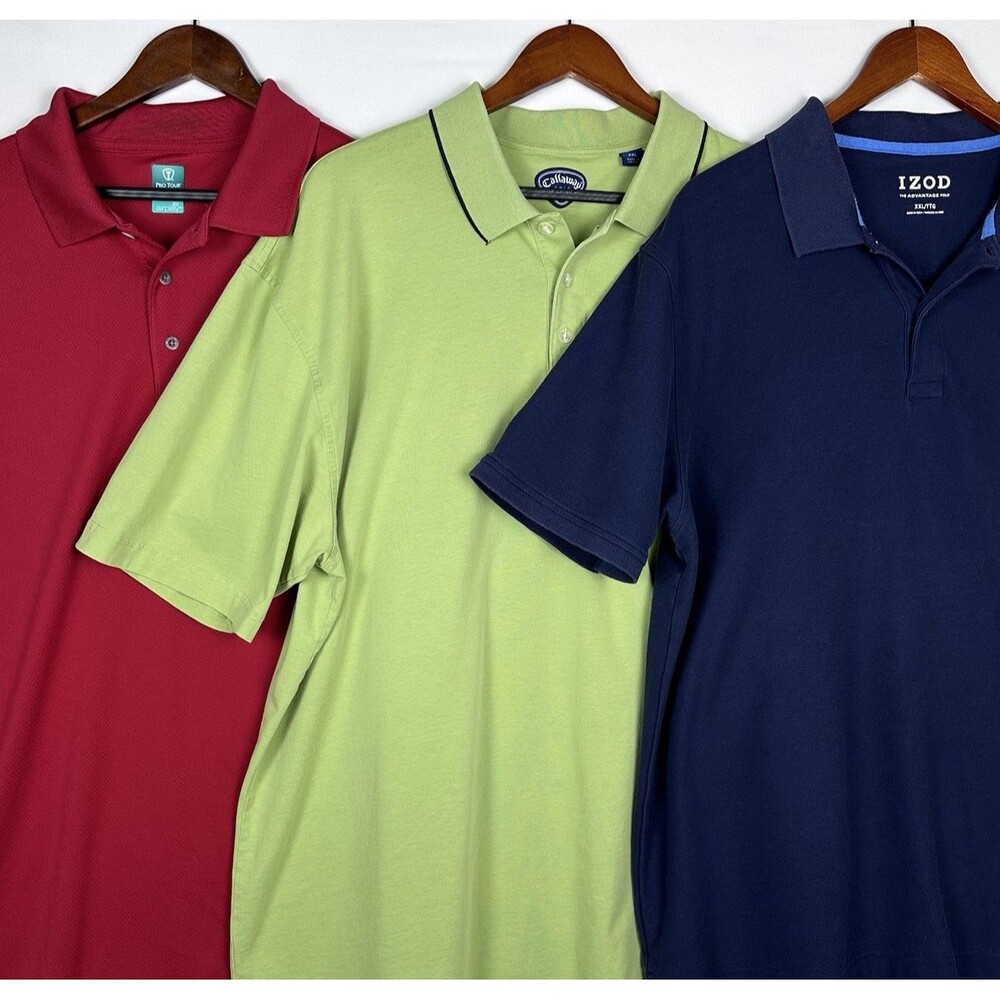 Lot of 3 Polo GOLF Shirts XXL/2XL Callaway, Pro Tour, IZOD- Blue-Red-Green